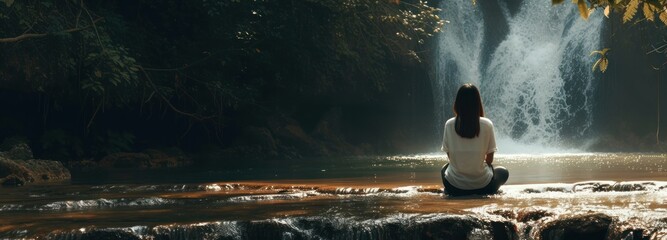 Woman Sitting on Rock in Front of Waterfall - obrazy, fototapety, plakaty