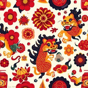 Lion and Flower Pattern on White Background