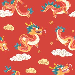 Red Background With a Dragon and Clouds