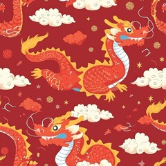 Red and Yellow Dragon Pattern on Red Background