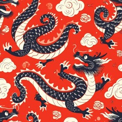 Red and Black Dragon Pattern on Red Background
