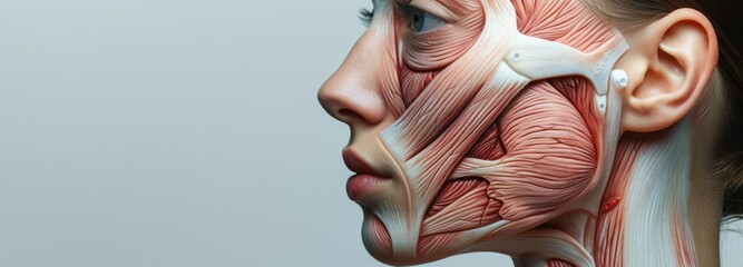 Womans Face With Visible Muscles Flexed - obrazy, fototapety, plakaty