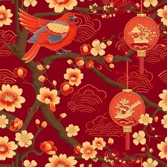 Vibrant Red Background With Bird and Flowers