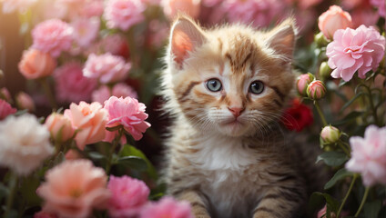 Naklejka na ściany i meble cat on the grass cat and flowers cat in the grass cat in the garden cat in flower with Sad mood