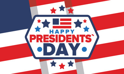 Happy Presidents day in United States. Washington's Birthday. Federal holiday in America. Celebrated in February. Patriotic american elements. Poster, banner and background. Vector illustration