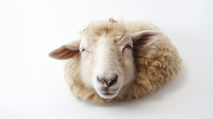 Obraz premium An overhead view capturing a content sheep lying comfortably on a white background, portraying peacefulness and the beauty of farm life.