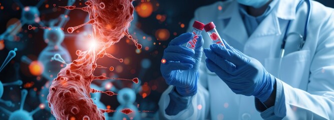 DNA Scientist in Lab Coat and Gloves Holding Red Substance