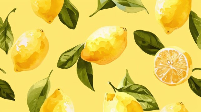 Painting of Lemons and Leaves on Yellow Background