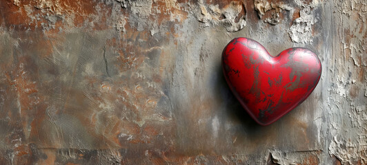 Red metal heart on a destroyed, weathered wall background with copy space. Shabby chic, vintage aesthetics. Concept of eternal, unconditional, love - obrazy, fototapety, plakaty