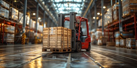 Warehouse forklift unloading wooden box