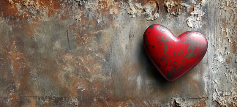 Red metal heart on a destroyed, weathered wall background with copy space. Shabby chic, vintage aesthetics. Concept of eternal, unconditional, love