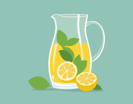 Refreshing lemonade illustration. Glass with straw and pitcher with lemons and ice cubes. Retro style illustration with vintage texture