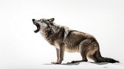 Fototapeta premium Wild Serenade: A close-up capture of a howling gray wolf against a white background, symbolizing the untamed beauty of the wilderness and the mysterious allure of the moonlit night
