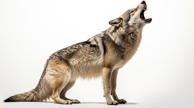 Wild Serenade: A close-up capture of a howling gray wolf against a white background, symbolizing the untamed beauty of the wilderness and the mysterious allure of the moonlit night