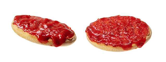 Burger bun with ketchup isolated on white