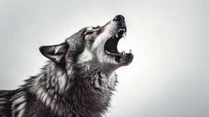 Wild Serenade: A close-up capture of a howling gray wolf against a white background, symbolizing the untamed beauty of the wilderness and the mysterious allure of the moonlit night