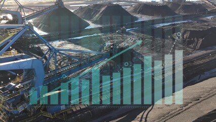 Aerial of Coal mining site with excavator and graph of working progress of excavation and digging. Graphic