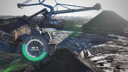 Industrial coal mining with machinery and a excavator. Working Progress Graphic, environmental...
