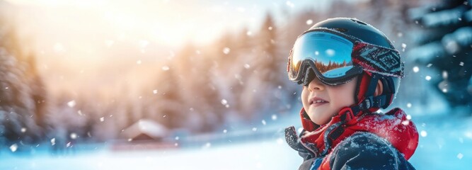 Young Boy With Helmet and Goggles Enjoying Snow