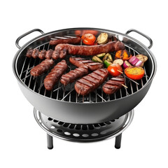 Round metal barbecue with grill with meat and grilled vegetables on a cut out PNG transparent background