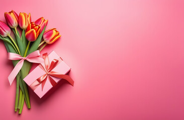 banner Share the love on Valentine's Day: Top view of a themed paper gift box, flowers on an...