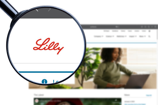 KYIV, UKRAINE - 25 January 2024: Illustrative Editorial of Eli Lilly and Company website homepage. Lilly logo visible on display screen.
