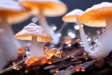 Fungus Fungi White Orange with slimy bubbles on Tree bark Stomp, closeup macro shot wit bokah, bokeh, slime drops poison sticky substance alien surface calm, beautiful