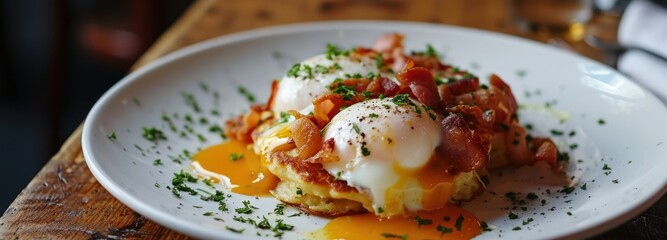 White Plate With Eggs and Bacon, Delicious Breakfast
