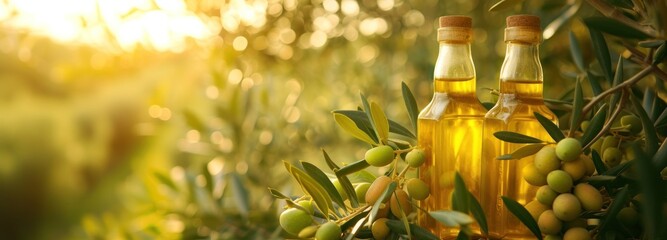 Two Bottles of Olive Oil Resting on an Olive Tree