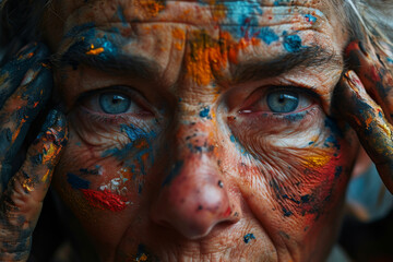 Close up portrait of beautiful artist with paint on face