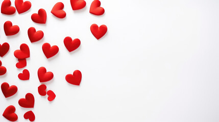 red  hearts on white background, top view with copy space, valentines day concept