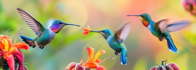 Group of Hummingbirds Feeding on a Flower