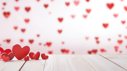 hearts on white wooden table with bokeh background, copy space, valentines day concept