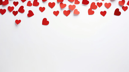 red hearts on white background, top view with copy space