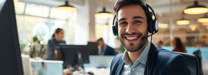 Smiling Man Wearing Headset in Call Center - obrazy, fototapety, plakaty