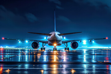 Airplane lands on a wet runway while it is night time AI Generation