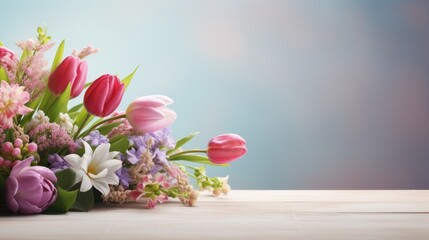 spring flowers bouquet on wooden table with bokeh background copy space