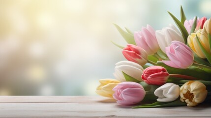 spring flowers bunch bouquet of tulips on wooden table with bokeh background copy space - obrazy, fototapety, plakaty