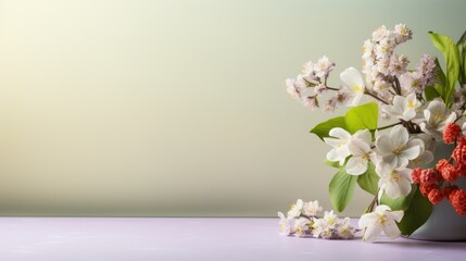 spring flowers bouquet on wooden table with color bokeh background copy space