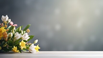 spring flowers on table with bokeh, copy space