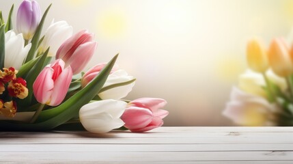 spring flowers bunch of tulips on wooden table with bokeh background copy space