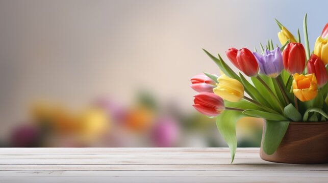 spring flowers bunch bouquet of tulips on wooden table with bokeh background copy space