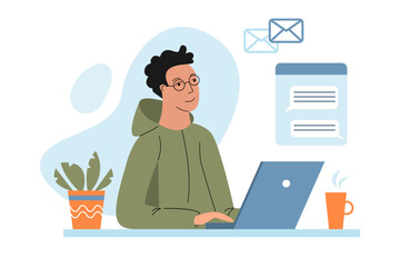 Man working on laptop with chat at message icons on background. Freelance, online studying, work from home concept. Vector illustration in flat style.