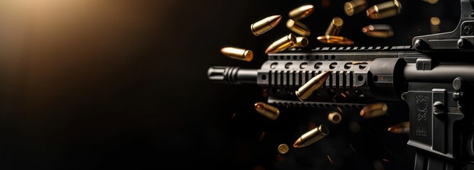 Close-Up of Gun With Bullet Shells Ejecting - obrazy, fototapety, plakaty