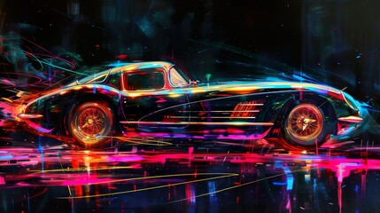 Old painting of a sports car with neon lights made with Ai generative technology
