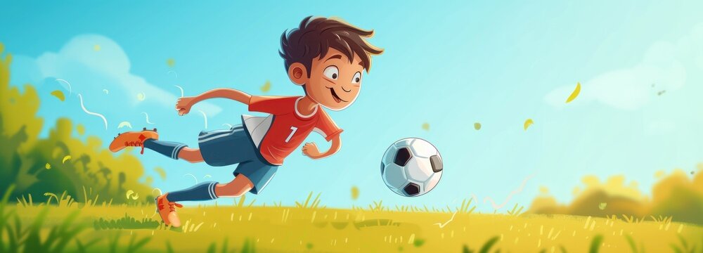Cartoon Boy Kicking Soccer Ball in Field
