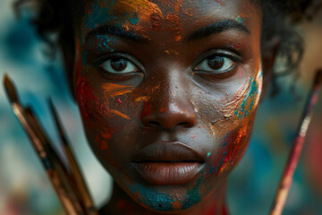 Close up portrait of beautiful artist with paint on face