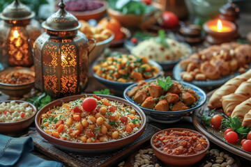 Ramadan - Kareem, lantern, family, food - obrazy, fototapety, plakaty