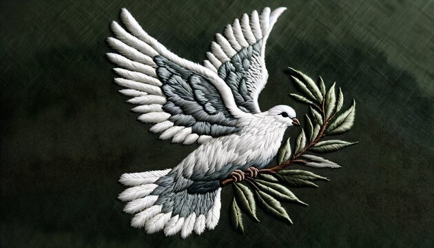 Broderie sur tissu : Colombe tenant une branche d'olivier symbole de Paix
