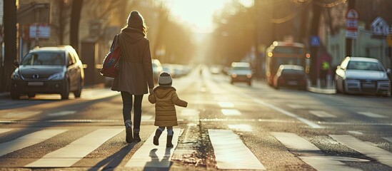 woman with a child going on a pedestrian crossing in the city. Copy space image. Place for adding text - obrazy, fototapety, plakaty